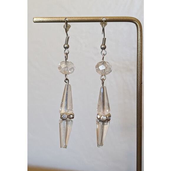 Cut Crystal Rhinestone Rondelle Bead French Wire Dangle Earrings - Picture 2 of 5